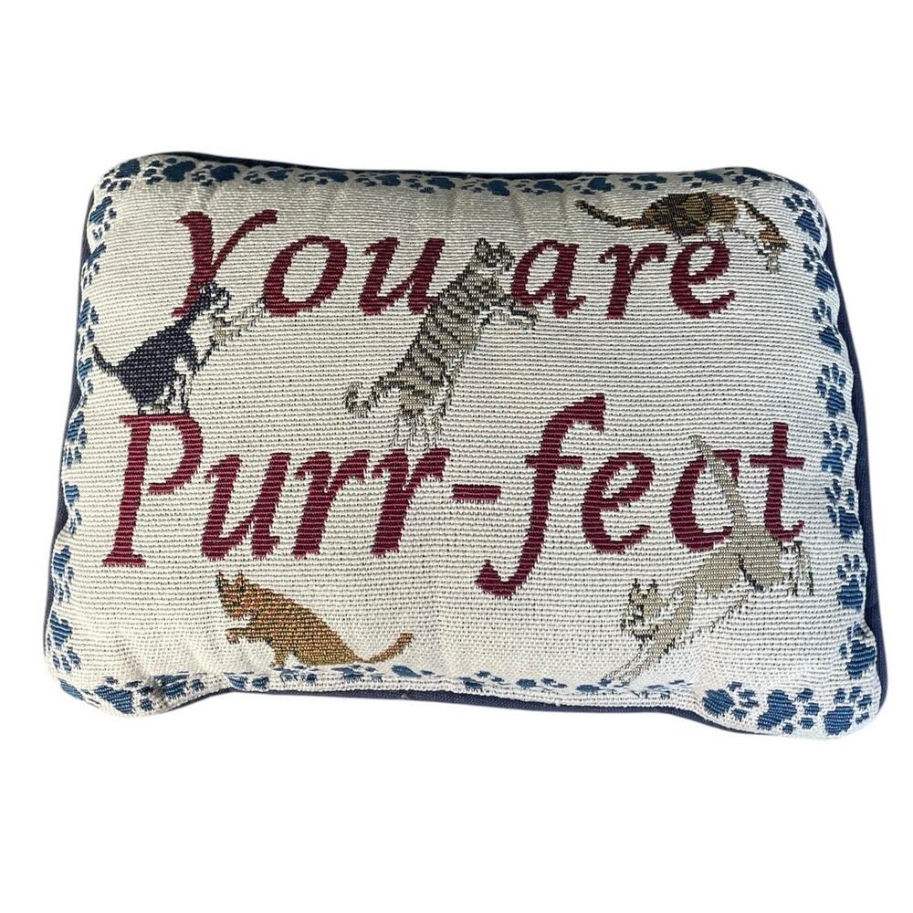 Vintage “You Are Purr-Fect” Tapestry Needlepoint Cat Decorative Throw Pillow